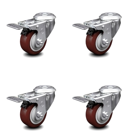 Service Caster 3.5 Inch Maroon Polyurethane Swivel Bolt Hole Caster Set with Total Lock Brake SCC-BHTTL20S3514-PPUB-MRN-4